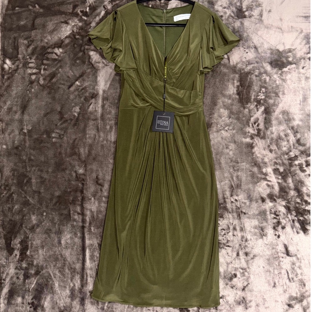Mac Duggal Olive Green Ruched Midi Dress Surplice Flutter‎ Sleeve Sexy NWT 2 - Picture 2 of 15